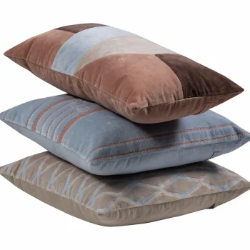 Hot WOOOD Laon Kussens Velvet Naturel/blauw - Set Van 3