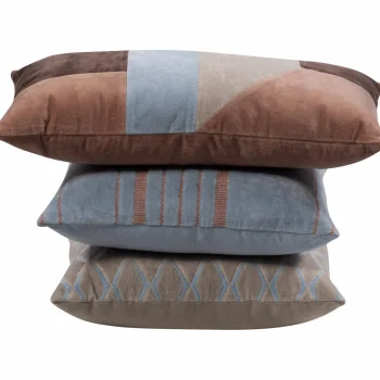 Hot WOOOD Laon Kussens Velvet Naturel/blauw - Set Van 3